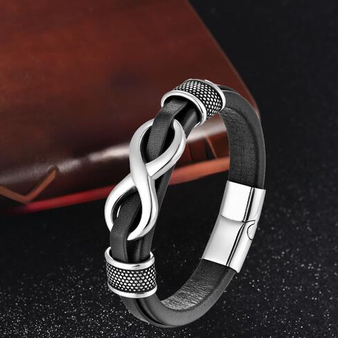 Infinity Bracelet for Man,Stainless Steel Silver/Black Infinity Leather Men's Leather Bracelet Wristband Cuff in Saudi Arabia