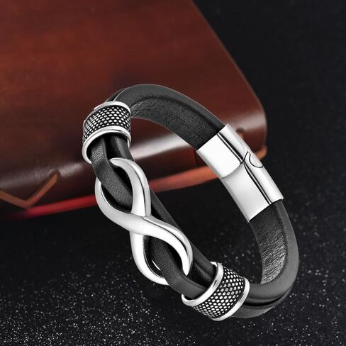 Infinity Bracelet for Man,Stainless Steel Silver/Black Infinity Leather Men's Leather Bracelet Wristband Cuff in Saudi Arabia