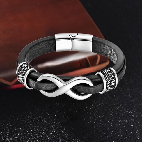Infinity Bracelet for Man,Stainless Steel Silver/Black Infinity Leather Men's Leather Bracelet Wristband Cuff in Saudi Arabia