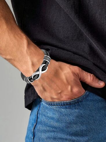 Infinity Bracelet for Man,Stainless Steel Silver/Black Infinity Leather Men's Leather Bracelet Wristband Cuff in Saudi Arabia