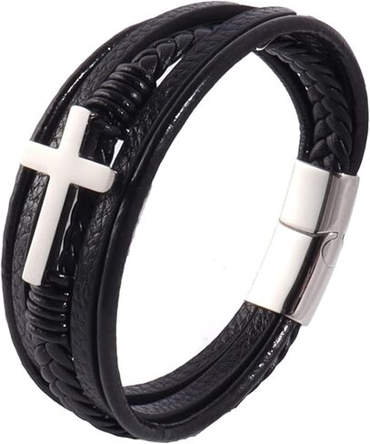 Stainless Steel Braided Leather Bracelet for Men Cuff Bangle Cross Magnetic Clasp in Saudi Arabia