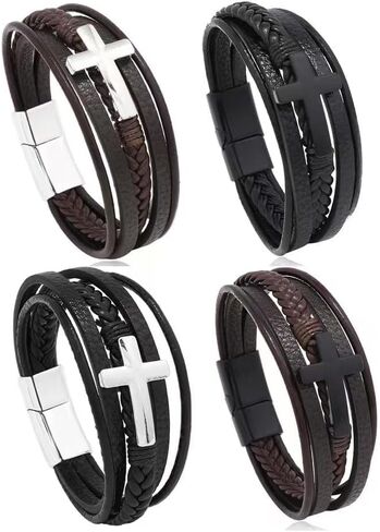 Stainless Steel Braided Leather Bracelet for Men Cuff Bangle Cross Magnetic Clasp in Saudi Arabia