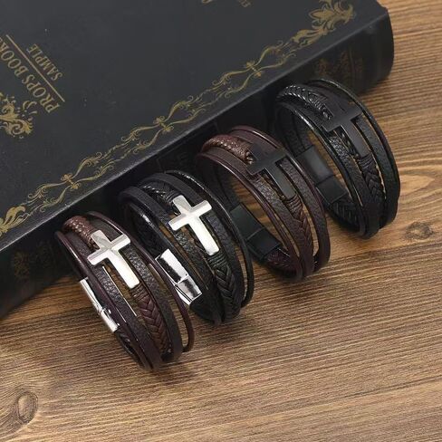 Stainless Steel Braided Leather Bracelet for Men Cuff Bangle Cross Magnetic Clasp in Saudi Arabia