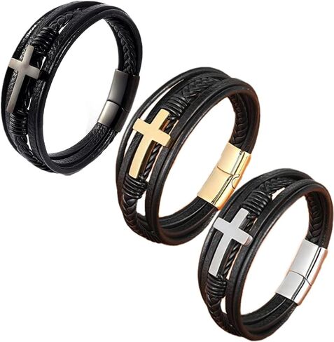 Stainless Steel Braided Leather Bracelet for Men Cuff Bangle Cross Magnetic Clasp in Saudi Arabia