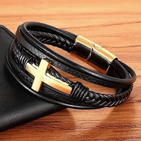 Stainless Steel Braided Leather Bracelet for Men Cuff Bangle Cross Magnetic Clasp in Saudi Arabia