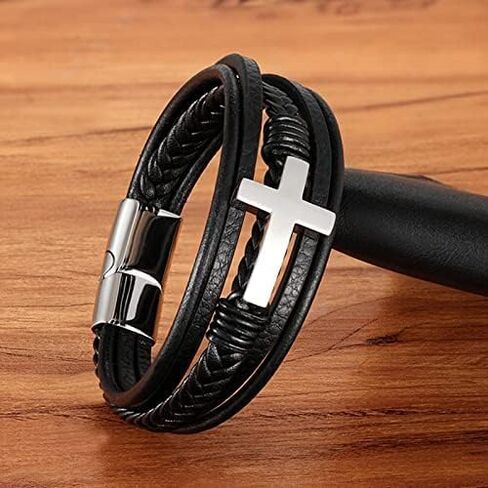 Stainless Steel Braided Leather Bracelet for Men Cuff Bangle Cross Magnetic Clasp in Saudi Arabia