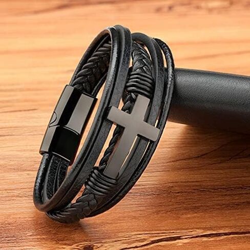Stainless Steel Braided Leather Bracelet for Men Cuff Bangle Cross Magnetic Clasp in Saudi Arabia