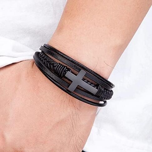 Stainless Steel Braided Leather Bracelet for Men Cuff Bangle Cross Magnetic Clasp in Saudi Arabia