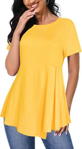 Afibi Women's Short Sleeve Tops for Women Crewneck Casual Pleated Tunic Tops Loose Fit Shirts Blouses in Saudi Arabia