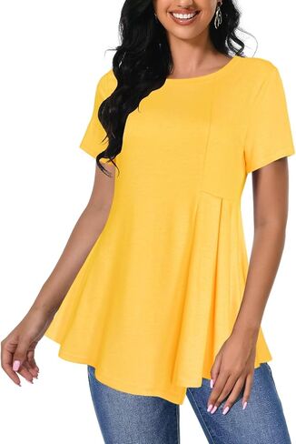 Afibi Women's Short Sleeve Tops for Women Crewneck Casual Pleated Tunic Tops Loose Fit Shirts Blouses in Saudi Arabia