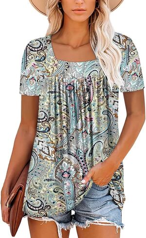 Zolucky Womens Plus Size Short Sleeve Boho Tops Strendy Sterts Lourd Fit Blouse Summer Tunic Top for Women S-3XL in Kuwait