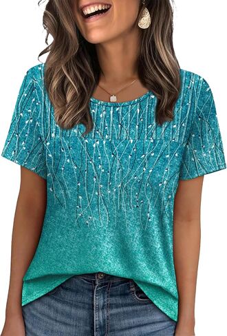 OFEEFAN Women's Clothing Trendy Short Sleeve Summer Tops Dressy Casual Crewneck T Shirts Plus Size Spring Clothes Loose Fit in Saudi Arabia