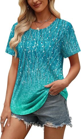 OFEEFAN Women's Clothing Trendy Short Sleeve Summer Tops Dressy Casual Crewneck T Shirts Plus Size Spring Clothes Loose Fit in Saudi Arabia