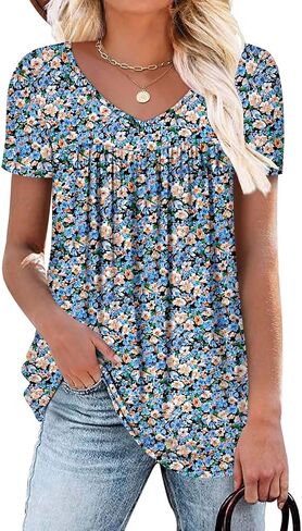 ZOLUCKY Womens Plus Size Short Sleeve Boho Tops Trendy Shirts Loose Fit Blouse Summer Tunic Top for Women S-3XL in Saudi Arabia
