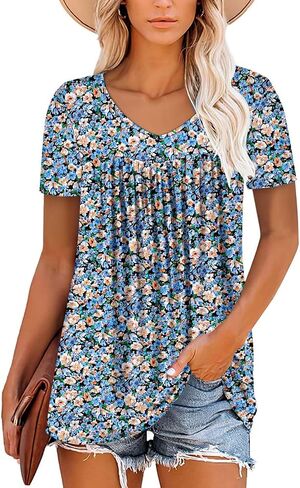 ZOLUCKY Womens Plus Size Short Sleeve Boho Tops Trendy Shirts Loose Fit Blouse Summer Tunic Top for Women S-3XL in Saudi Arabia