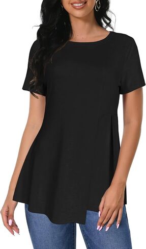 Afibi Women's Short Sleeve Tops for Women Crewneck Casual Pleated Tunic Tops Loose Fit Shirts Blouses in Saudi Arabia