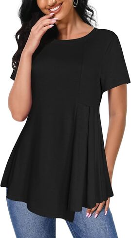 Afibi Women's Short Sleeve Tops for Women Crewneck Casual Pleated Tunic Tops Loose Fit Shirts Blouses in Saudi Arabia