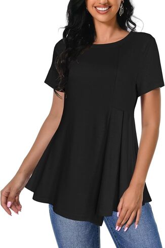 Afibi Women's Short Sleeve Tops for Women Crewneck Casual Pleated Tunic Tops Loose Fit Shirts Blouses in Saudi Arabia