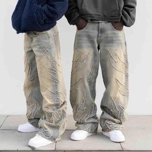 Y2K Jeans Men's Hip-hop Retro Flame Splicing Wide Leg Women's Gothic Straight Tube Loose Jeans in Saudi Arabia