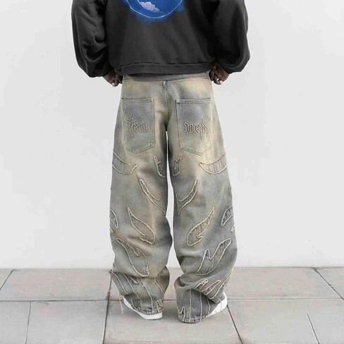 Y2K Jeans Men's Hip-hop Retro Flame Splicing Wide Leg Women's Gothic Straight Tube Loose Jeans in Saudi Arabia