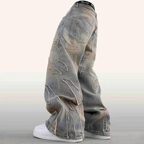 Y2K Jeans Men's Hip-hop Retro Flame Splicing Wide Leg Women's Gothic Straight Tube Loose Jeans in Saudi Arabia
