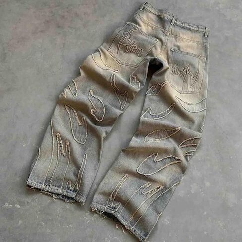 Y2K Jeans Men's Hip-hop Retro Flame Splicing Wide Leg Women's Gothic Straight Tube Loose Jeans in Saudi Arabia
