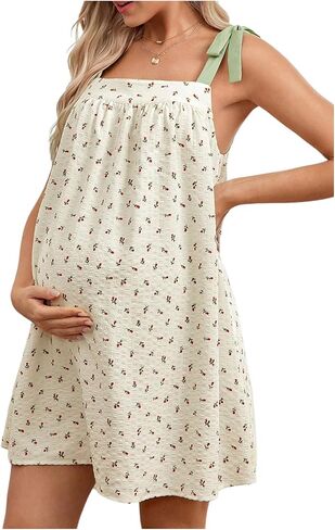 MakeMeChic Women's Maternity Dress Floral Tie Shoulder Sleeveless Pregnancy Dresses in Saudi Arabia