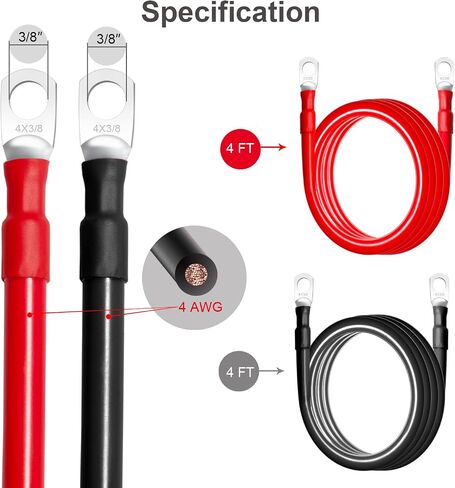 MILAPEAK 4 AWG Battery Cables, 4 Feet 4 Gauge Marine Battery Inverter Cable Set With 3/8" Terminals Lugs (Positive and Negative) for Solar, Rv, Car, Boat, Motorcycle, Automotive (Black and Red) in Kuwait