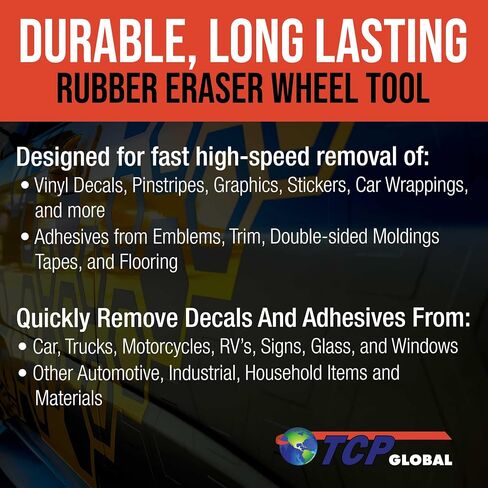 TCP Global Rubber Eraser Wheel مع محول الحفر (Pack of 4) Remover Remover Wheel - أداة إزالة الملصقات - إزالة pinstripe - أداة إزالة الشعار - تزيل المواد اللاصقة على السيارة والسيارات والقوارب و RV & Signs in Kuwait