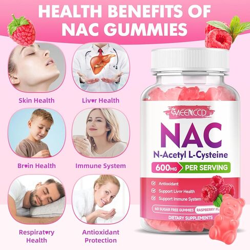 2 Pack Nac Gummies ، N acetyl cysteine ​​600mg NAC ملحق لمضادات الأكسدة ودعم المناعة ، صحة الرئة والكبد ، نكهة التوت الخالية من السكر ، 120 عدد in Kuwait
