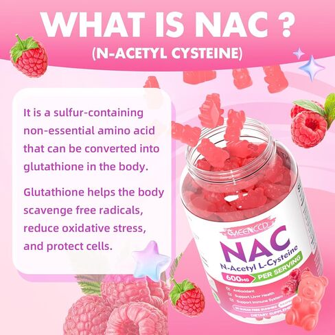 2 Pack Nac Gummies ، N acetyl cysteine ​​600mg NAC ملحق لمضادات الأكسدة ودعم المناعة ، صحة الرئة والكبد ، نكهة التوت الخالية من السكر ، 120 عدد in Kuwait