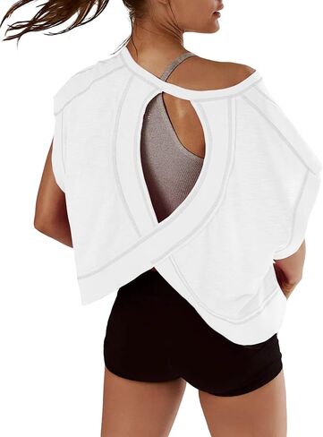 Open Back Tops for Women Oversized Short Sleeve Workout T Shirts Backless Y2k Athletic Crop Running Tees in Kuwait