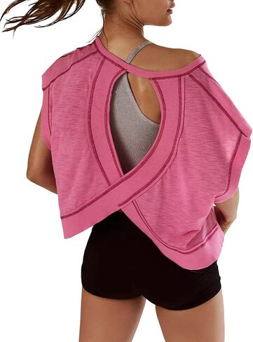 Open Back Tops for Women Oversized Short Sleeve Workout T Shirts Backless Y2k Athletic Crop Running Tees in Kuwait