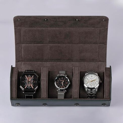 Watch Travel Case for Men: 3 حالة عرض منظم مراقبة الفتحات - حالة تخزين وسفر محمولة - Watch Roll تناسب جميع ساعات المعصم والساعات الذكية حتى 50 ملم in Kuwait
