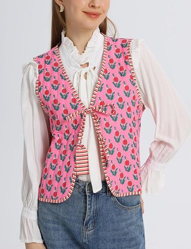 Wyeysyt Women's Cropped Floral Quilted Puffer Vest Printed Lightweight Sleeveless Padded Gilet Outwear in Saudi Arabia