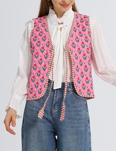 Wyeysyt Women's Cropped Floral Quilted Puffer Vest Printed Lightweight Sleeveless Padded Gilet Outwear in Saudi Arabia