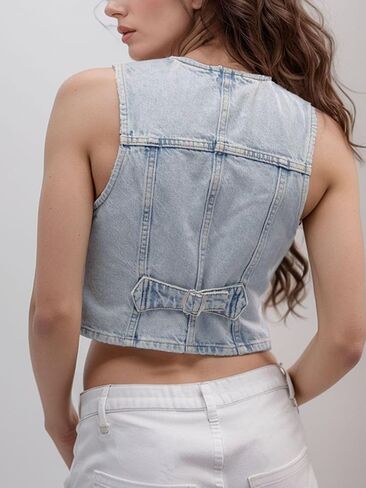 Womens Denim Vest Trendy Cropped Jean Vest Top for Women V Neck Waistcoat Jacket in Saudi Arabia