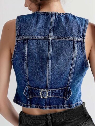 Womens Denim Vest Trendy Cropped Jean Vest Top for Women V Neck Waistcoat Jacket in Saudi Arabia