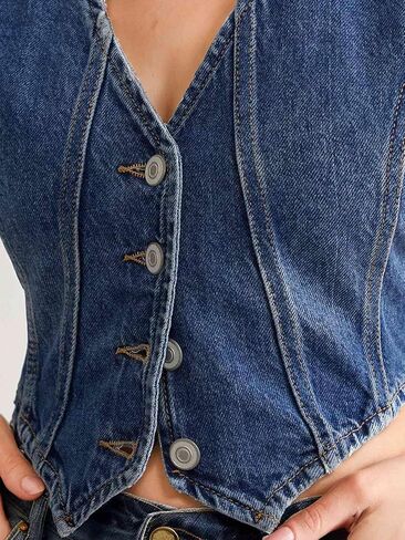 Womens Denim Vest Trendy Cropped Jean Vest Top for Women V Neck Waistcoat Jacket in Saudi Arabia