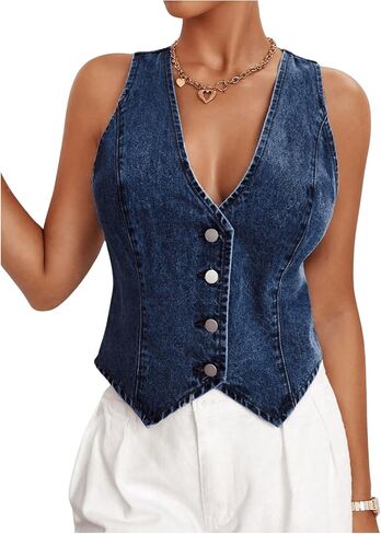 Floerns Women's Sleeveless Denim Vest Asymmetrical Hem Button Down Waistcoat in Kuwait