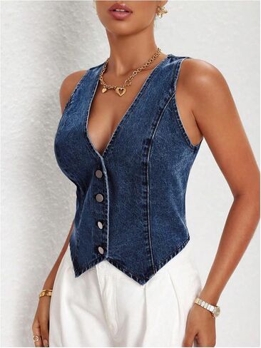 Floerns Women's Sleeveless Denim Vest Asymmetrical Hem Button Down Waistcoat in Kuwait