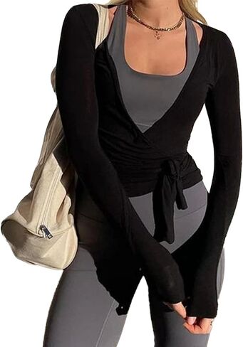 Women Wrap Yoga Shirts Long Sleeve Deep V Neck Tie Front Workout T Shirts Casual Slim Fit Sports Active Tops in Saudi Arabia