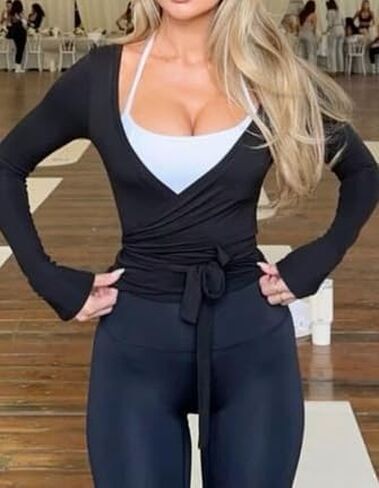 Women Wrap Yoga Shirts Long Sleeve Deep V Neck Tie Front Workout T Shirts Casual Slim Fit Sports Active Tops in Saudi Arabia