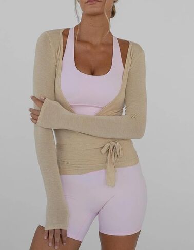Women Wrap Yoga Shirts Long Sleeve Deep V Neck Tie Front Workout T Shirts Casual Slim Fit Sports Active Tops in Saudi Arabia