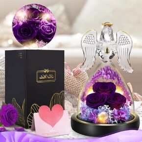 FIVE MEN Mothers Day Rose Gifts for Mom Grandmas, 7" Glass Angel Figurines with Real Rose Gifts for Her, Preserved Flower Rose with Lights for Women Mother's Day Anniversary Birthday Gift (Purple)