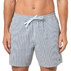 Lacoste Men's Striped Seersucker Swim Trunks, White & Dark Teal, Medium