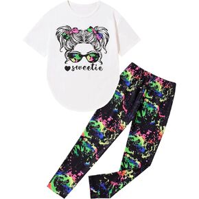 Girls Clothes, Teen Girl Clothes Sweetie-Girl Print Short Sleeve Tops Tie Dye Long Pants 2 PC Sweatsuits Set 6-14