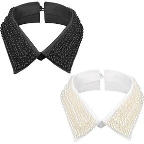 2 Pcs Pearl Fake Collar for Women Detachable Dickey Collar Choker Necklace Faux Collar Simulated Pearl Beaded Bib Clothing Accessory (White, Black)