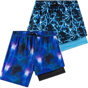 Boys Swim Trunks 2 Pack, Bathing Suit with Compression Liner, UPF 50+, Beach Shorts for 5-16 Years