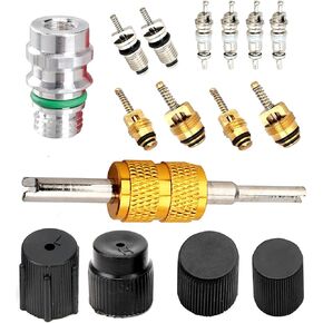 16 PCS Air Conditioning Valve Core Kit, Refrigeration A/C System Repair Accessories with Teflon Seals, Includes Valve Cores Caps and Seals, Compatible for Car & HVAC AC Systems